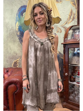 Marilu Italy Linen Dress S/M Tie Dye Beaded Scoop Back Tunic Coastal Lagenlook